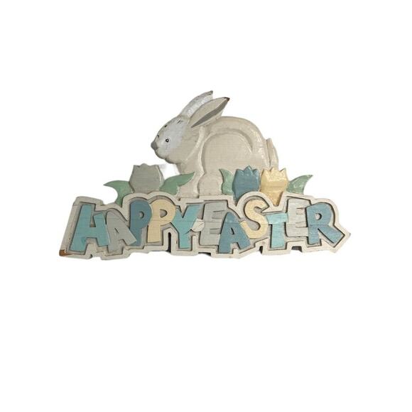 Multicolor Wooden‎ "Happy Easter" Bunny Plaque Wall/Table Decoration - Picture 1 of 13